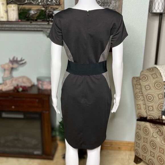 Roulette Black Gray Colorblock Side Panels Short Cap Sleeves Belted Dress Size 4 - Picture 6 of 15